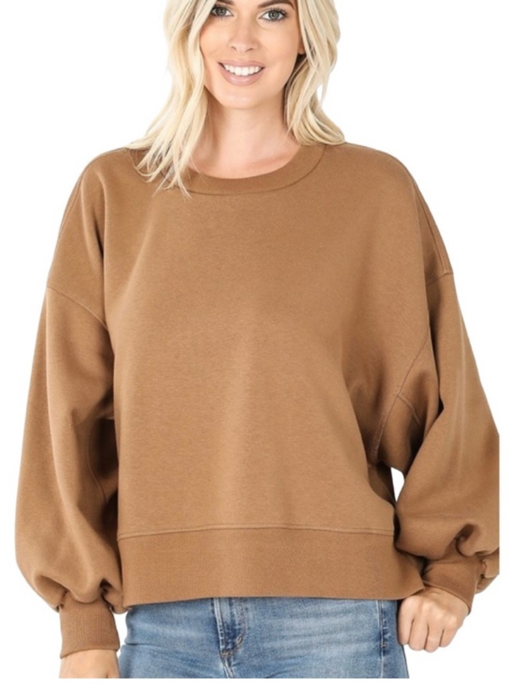 Zenana Cozy Crewneck Sweaters in Mustard Yellow & Taupe - Picture 1 of 7